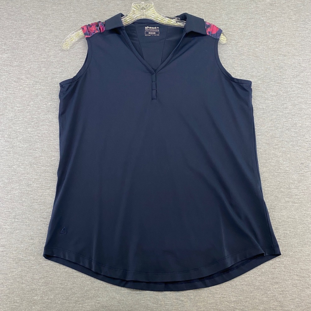 Ahead Golf Pickleball Performance Polo Womens M Navy Sleeveless Floral Ruched